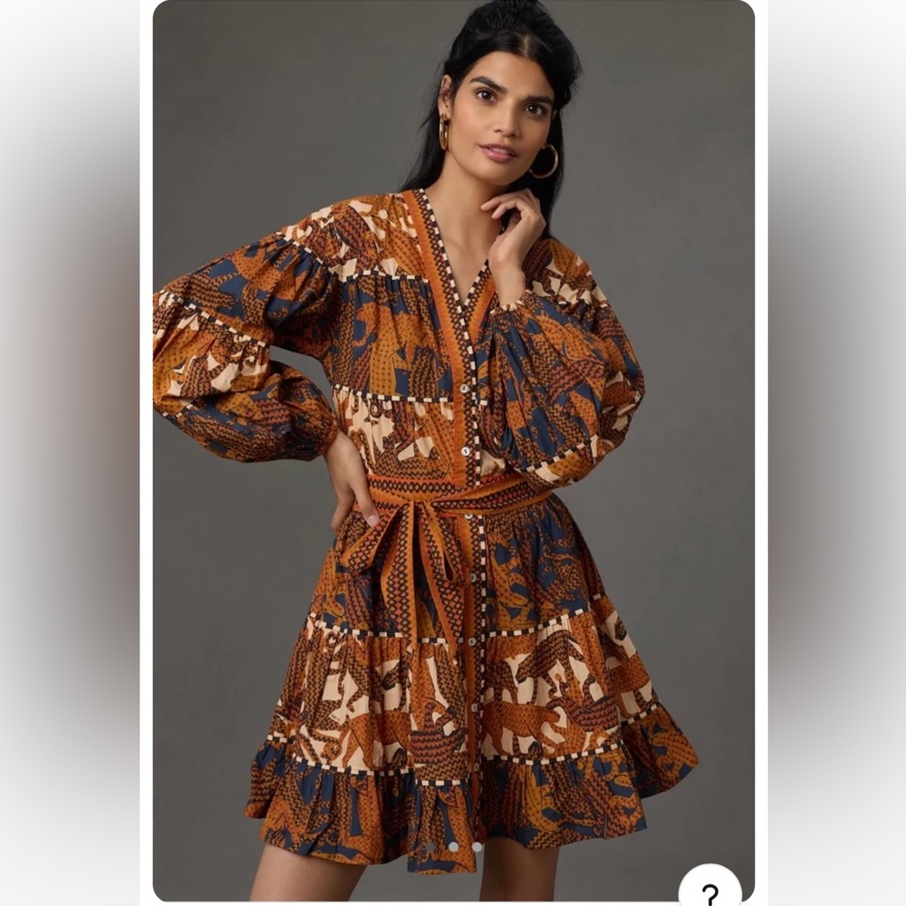 FARM RIO LONG-SLEEVE V-NECK PRINTED MINI DRESS